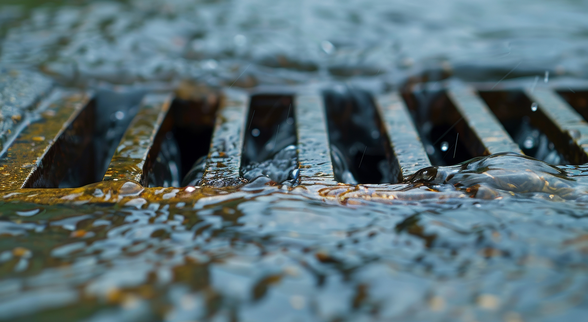 Rainwater flowing through a metal grate