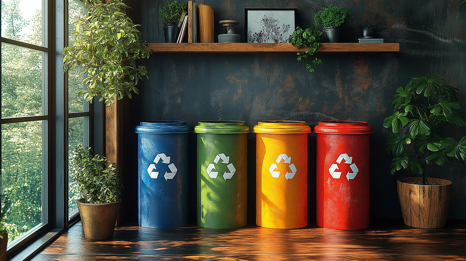Brightly Colored Recycling Bins Neatly Arranged in a Modern Home