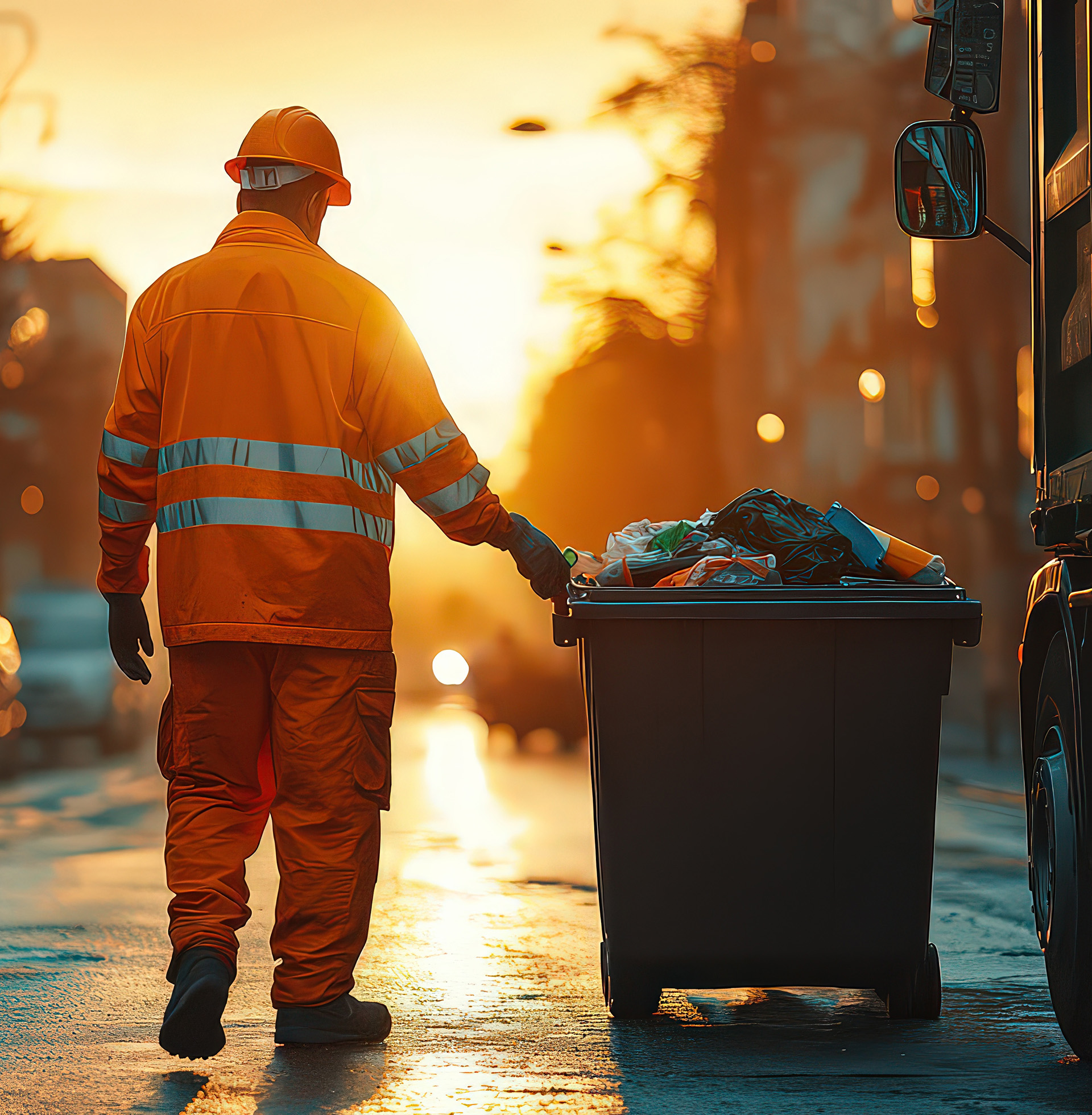 sanitation worker emptying trash bins into a garbage truck, illu