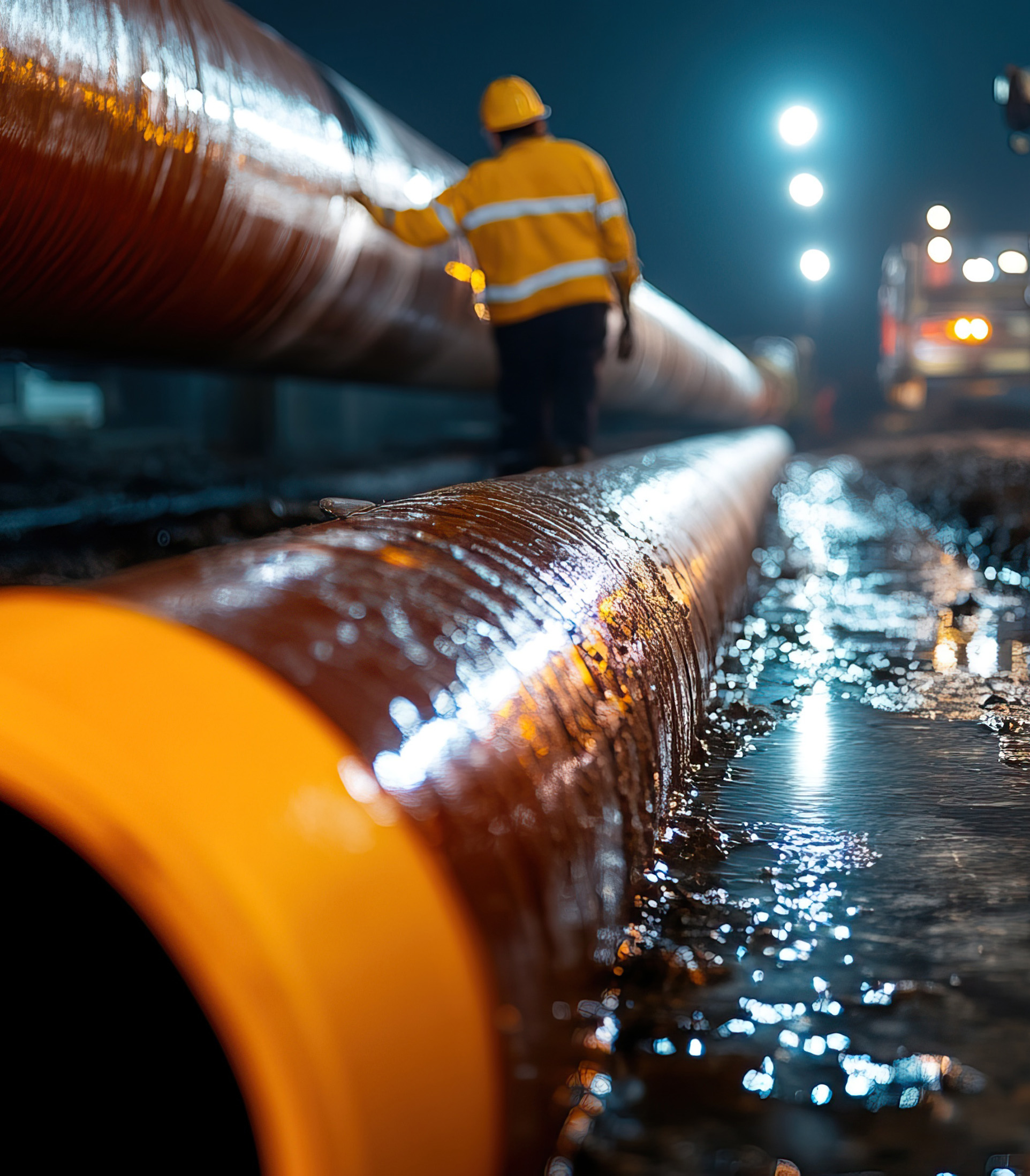 A construction worker walks beside large pipes