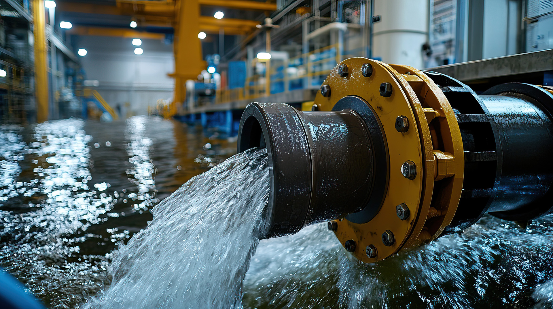 A water pipeline discharges fluid
