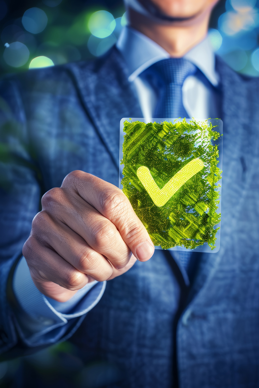 Businessman holding digital hologram of green compliance
